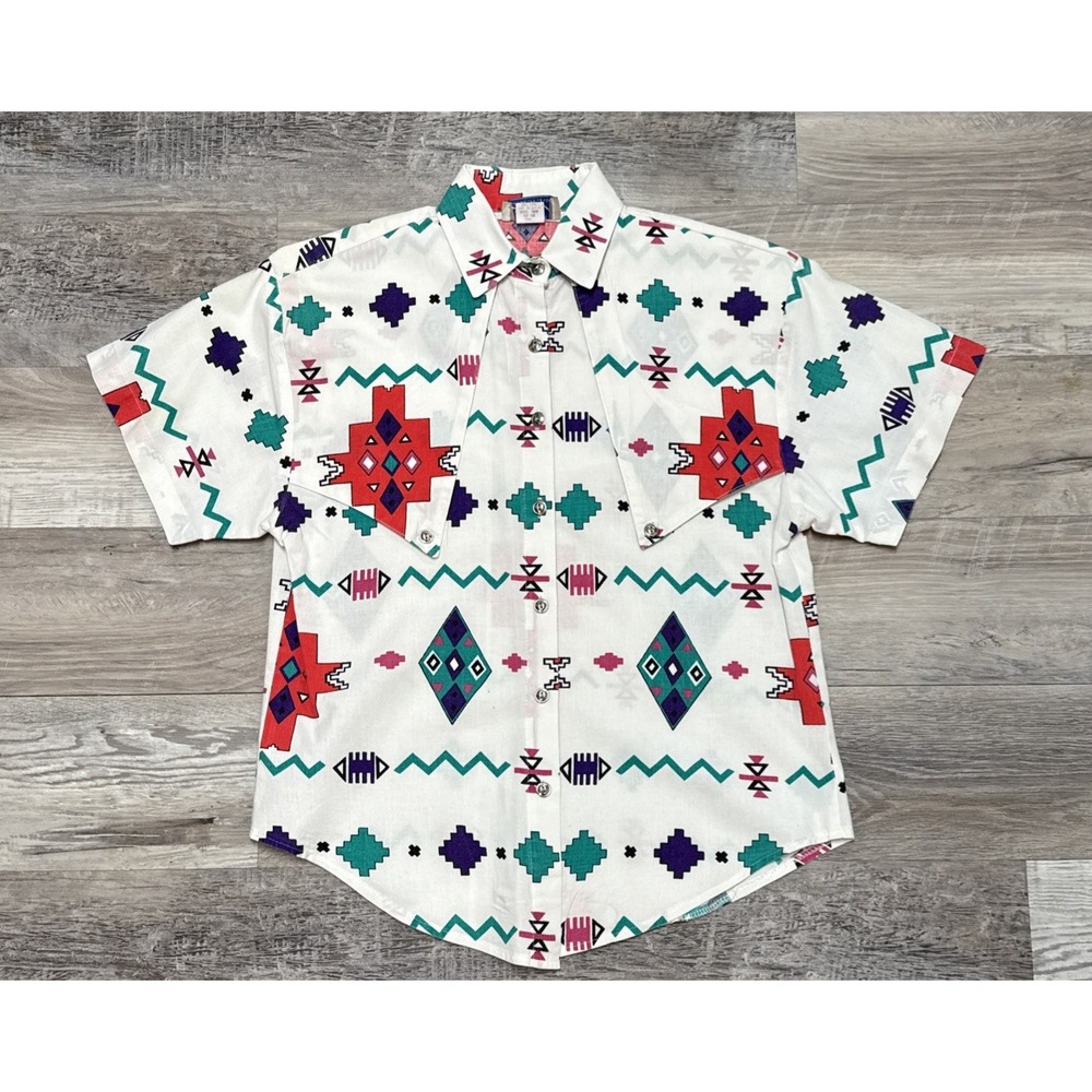 Vtg Circle T Top Womens‎ S Western Shirt Rodeo Cowgirl Aztec Button Down Cutout